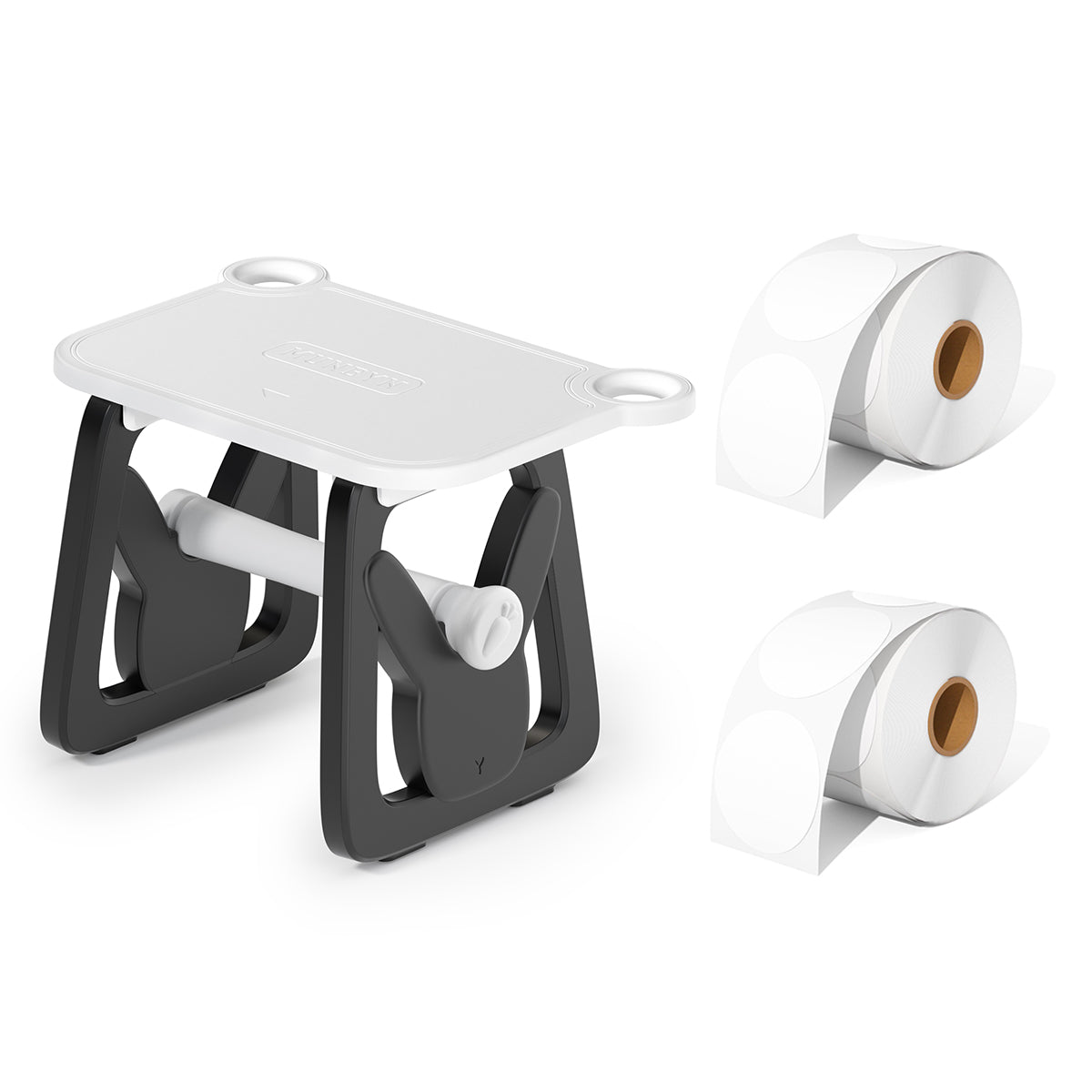 The label holder bundle includes a 3-in-1 black label holder and two rolls of thermal labels.