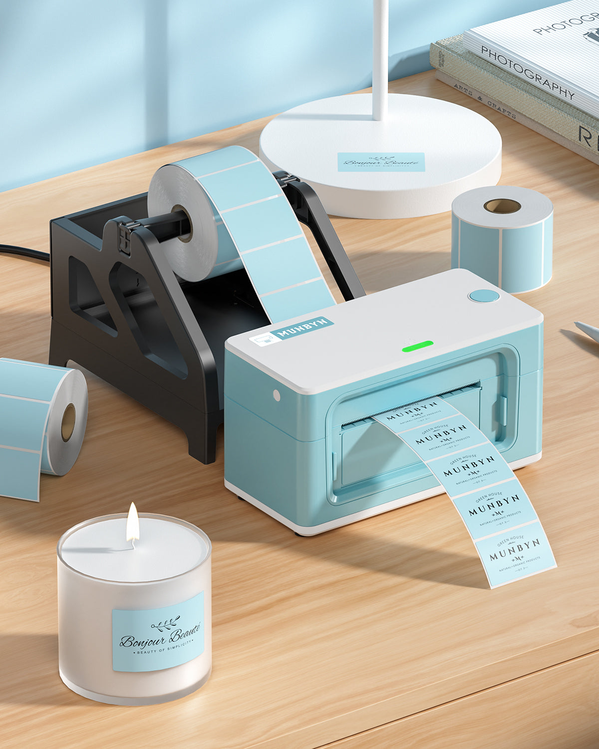 Rectangular labels printed on MUNBYN label printer paper, 2.25 x 1.25 inches, shown on white background.