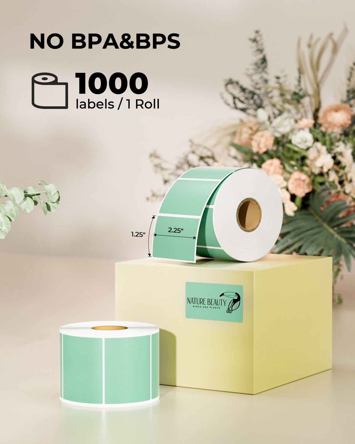 Green rectangular labels printed on MUNBYN label printer paper, measuring 2.25 by 1.25 inches, suitable for various labeling needs.