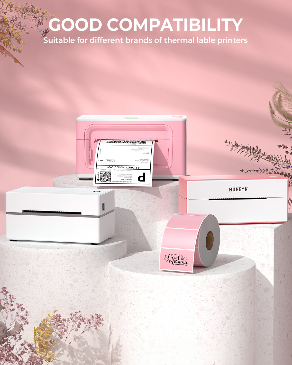 MUNBYN RealWriter 130B Bluetooth Printer & Rectangle Pink Labels Beauty Packaging Basic Kit