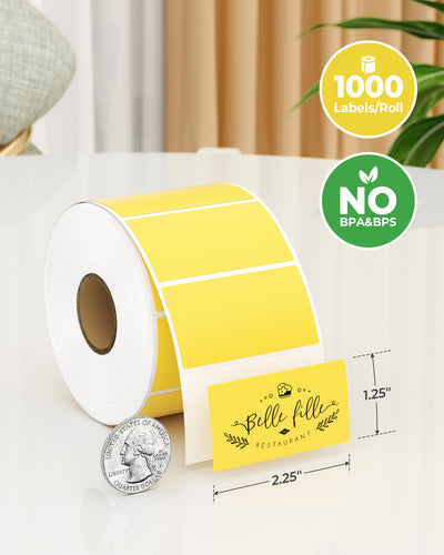 Yellow rectangular labels printed on MUNBYN label printer paper, measuring 2.25 by 1.25 inches.