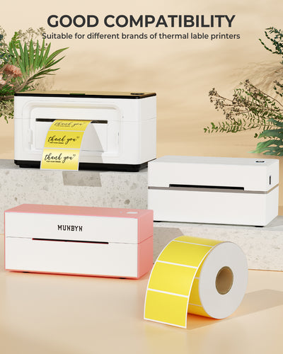 Yellow rectangular labels measuring 2.25 x 1.25 inches on label printer paper from MUNBYN, shown in the image.