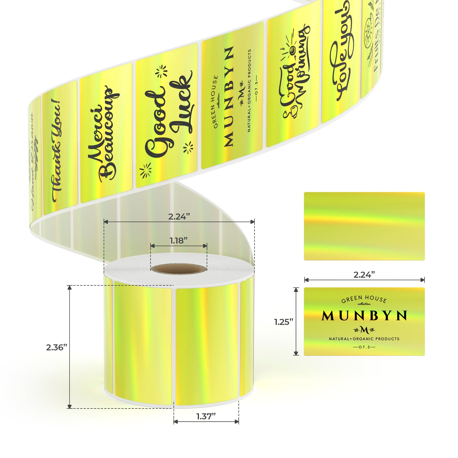 MUNBYN's versatile gold holographic rectangle thermal labels measure 1.25" x 2.24", with 250 labels per roll.