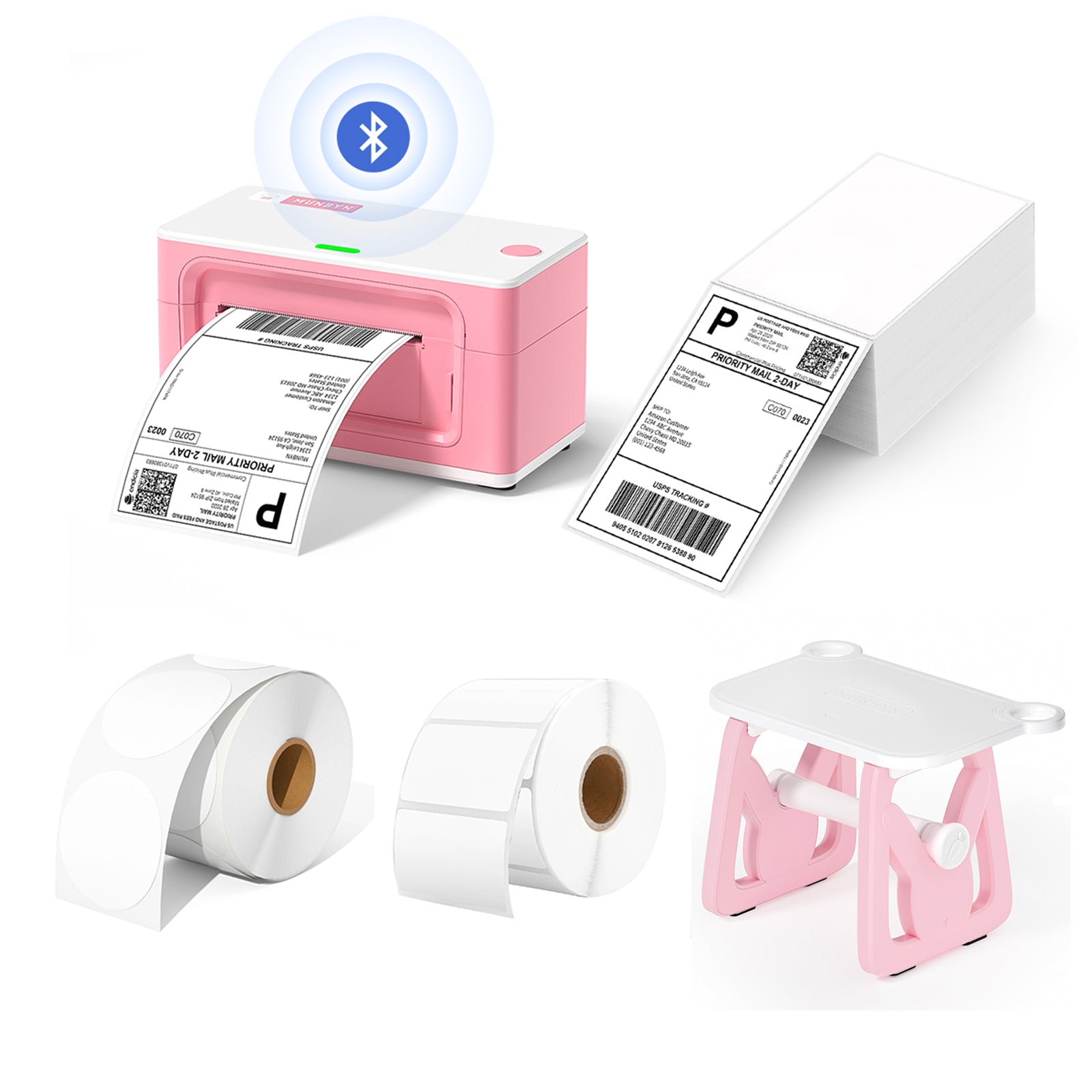 The bundle includes a Bluetooth thermal printer, a multifunctional MUNBYN pink label holder, a stack of shipping labels, and two rolls of thermal labels.