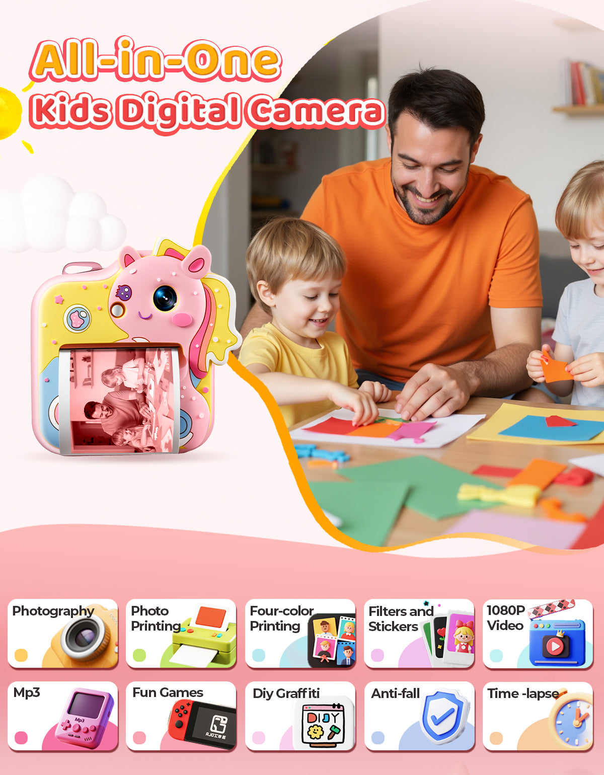 MUNBYN Kids Instant Print Camera 4-Color Thermal Printer