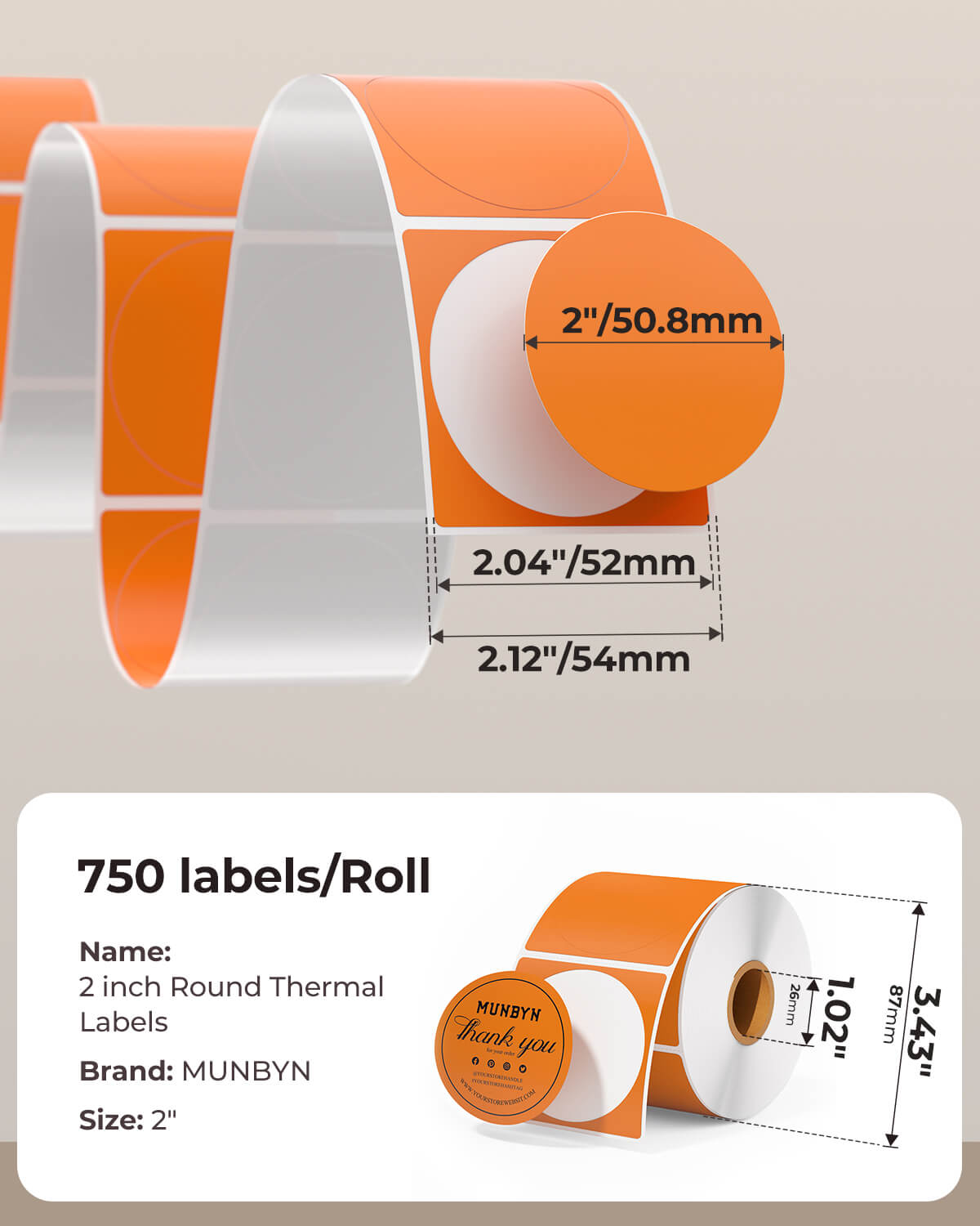 MUNBYN 2"x2" Generic Circle Series Thermal Labels (750/Roll)