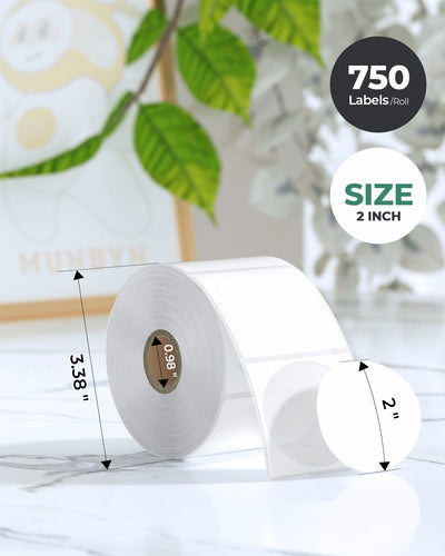 White 2-inch circle labels printed on MUNBYN label printer paper, showing clean, round label designs.