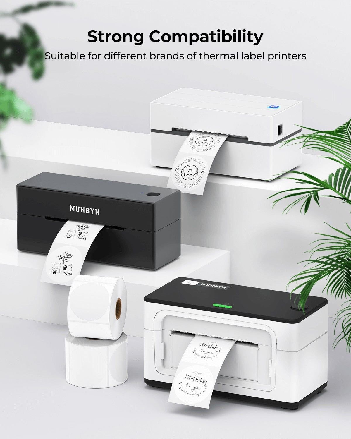 White 2-inch circle labels printed on MUNBYN label printer paper, ready for use in packaging or organization.