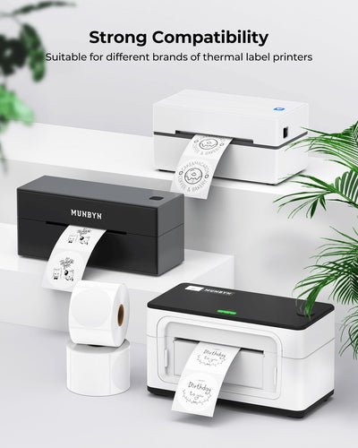 White 2-inch circle labels printed on MUNBYN label printer paper, ready for use in packaging or organization.