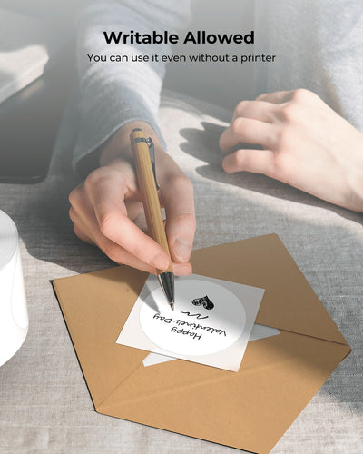 White 2-inch circle labels printed on MUNBYN label printer paper, showing clean, round label design on a plain background.