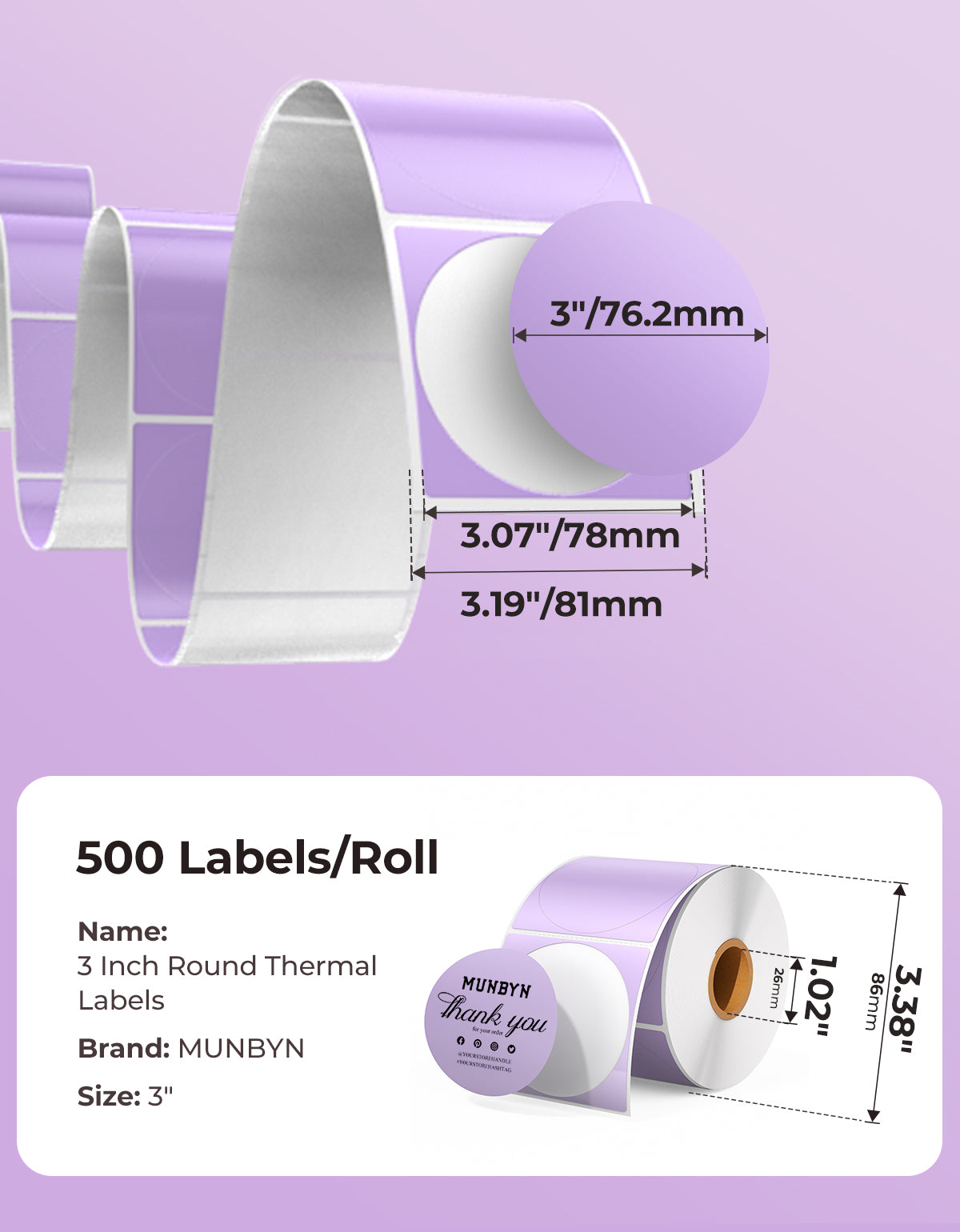 Three-inch round labels printed on MUNBYN label printer paper, showcasing vibrant circular sticker designs.