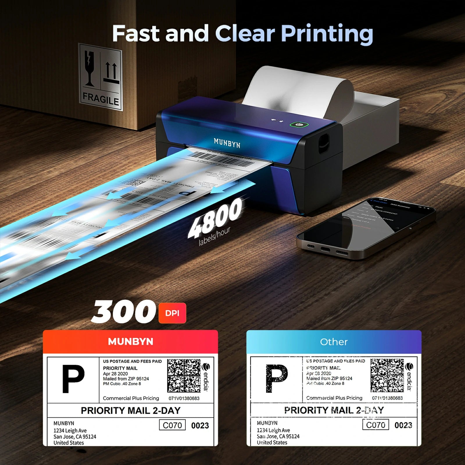 With a resolution of 300 DPI, the printer can produce up to 4800 labels per hour and handle label widths ranging from 1.57" to 4.3".
