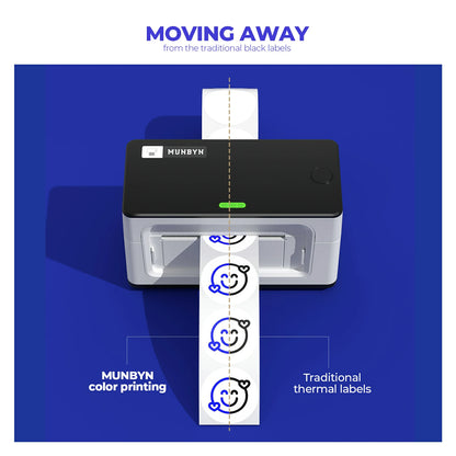 MUNBYN color-printing circle thermal labels can print blue on white thermal labels.