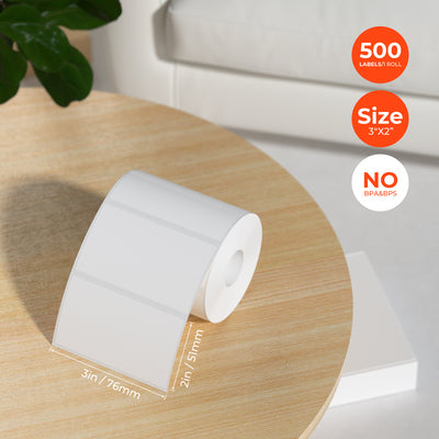 White 3x2 inch label paper for MUNBYN label printer, showing blank adhesive labels ready for printing.