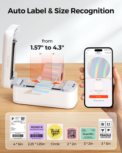 Thermal label printer with auto size recognition, compatible with various label shapes and sizes, shown on a wooden desk with a smartphone app for editing labels.