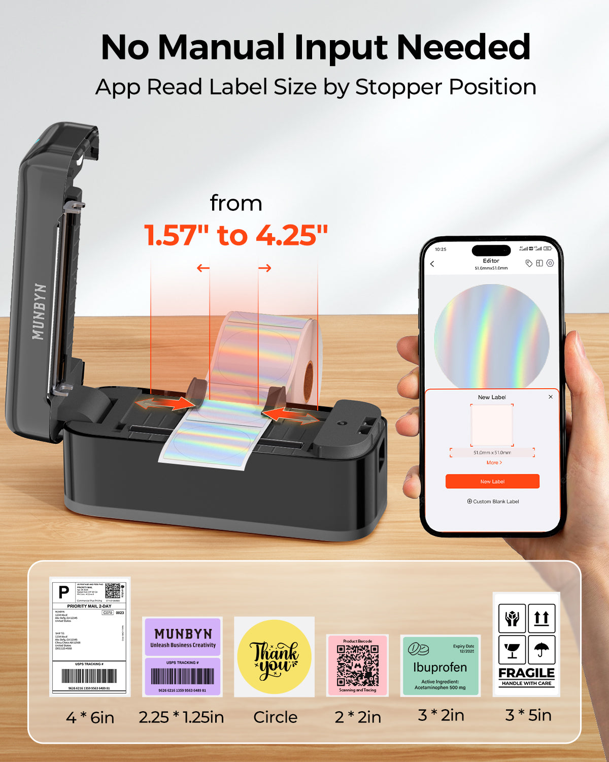 MUNBYN RealWriter 402B thermal label printer with black finish, showing the compact device on a white background.