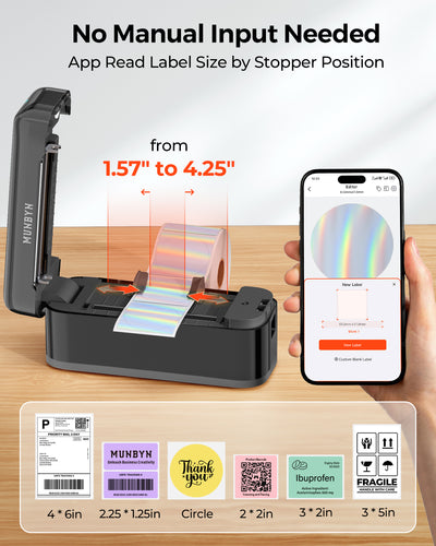 MUNBYN RealWriter 402B thermal label printer with black finish, showing the compact device on a white background.