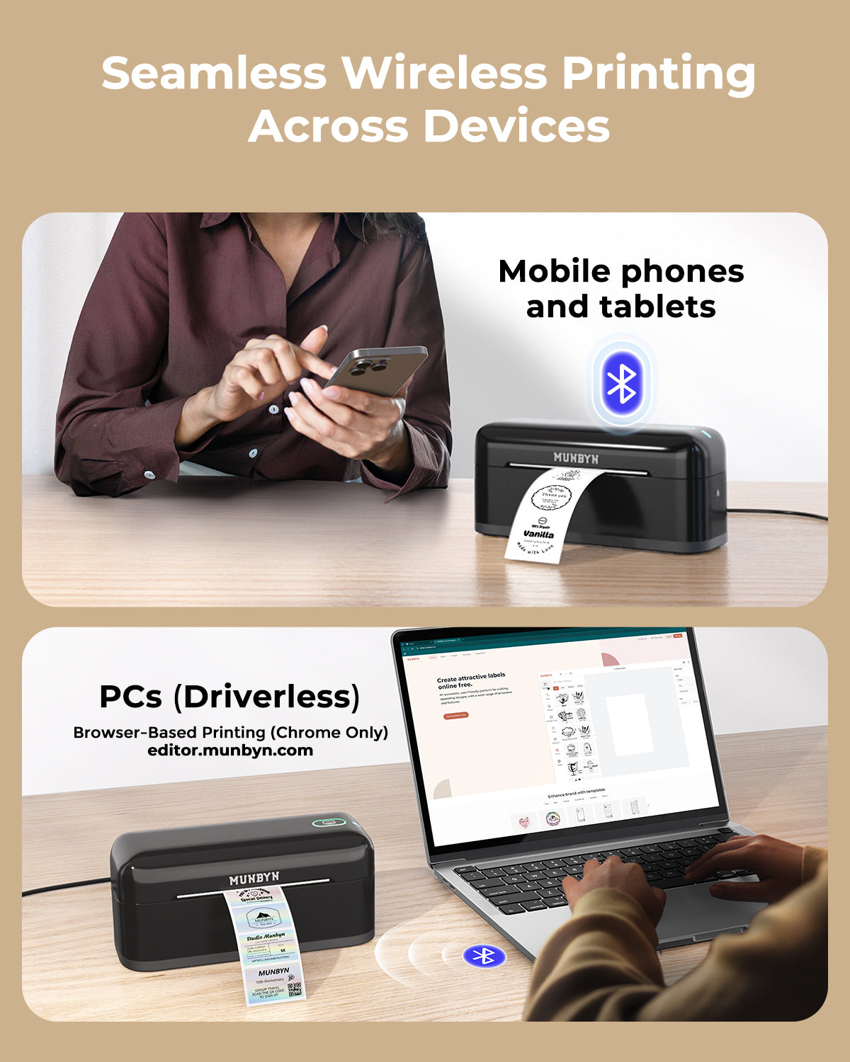 MUNBYN RealWriter 402B thermal label printer with black casing and control panel, designed for high-quality label printing.