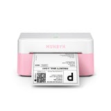 MUNBYN RealWriter 403B thermal label printer with pink exterior, compact design, and paper roll for efficient label printing