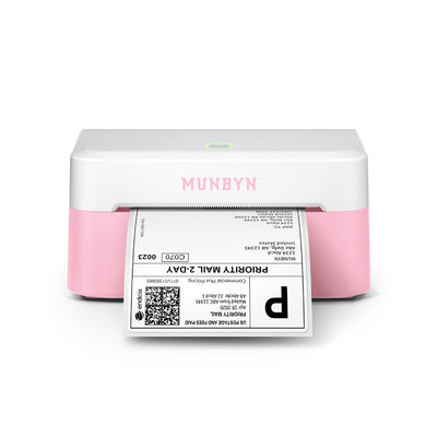 MUNBYN RealWriter 403B thermal label printer with pink exterior, compact design, and paper roll for efficient label printing