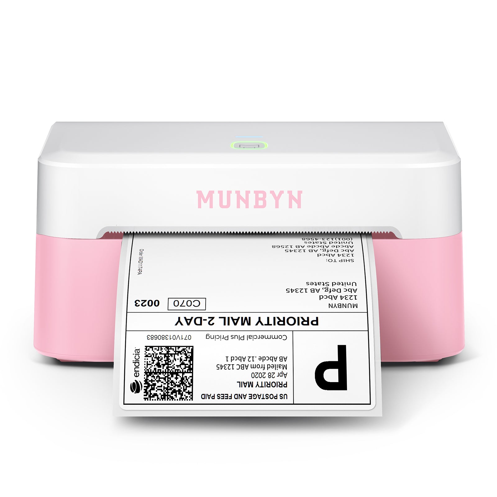 MUNBYN RealWriter 403B pink and purple thermal label printer with paper loaded, ready for printing.