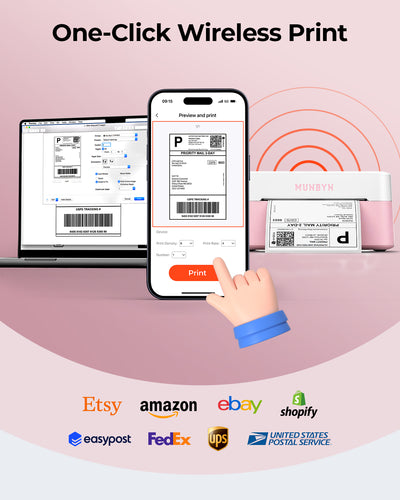 MUNBYN RealWriter 403B thermal label printer printing labels with a compact design and connected to a computer.