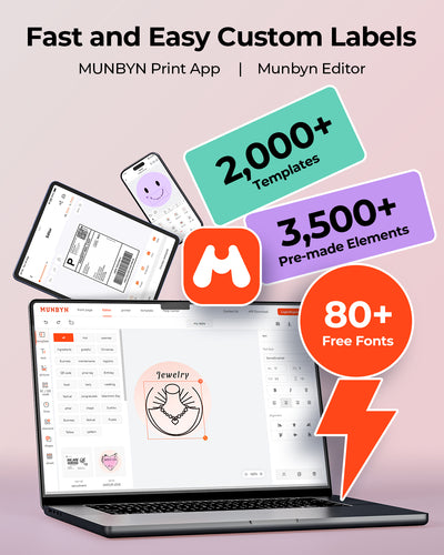 MUNBYN RealWriter 403B thermal label printer printing a label on a white surface