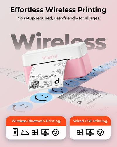 MUNBYN RealWriter 403B thermal label printer with pink design, compact thermal printing device for shipping labels and labels.