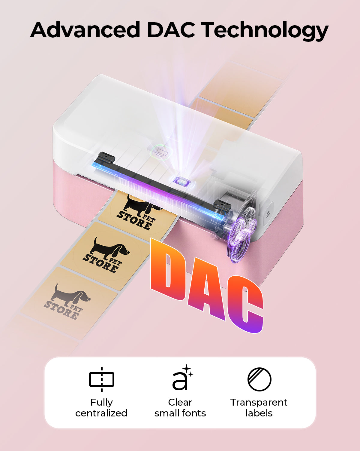 MUNBYN RealWriter 403B thermal label printer with pink design and paper label loaded, ready for printing tasks.