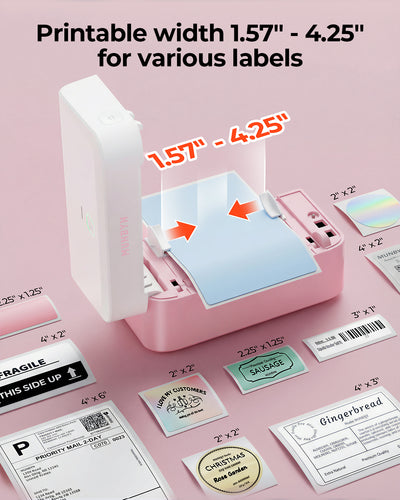 MUNBYN RealWriter 403B thermal label printer with pink finish, compact design, and paper labels ready for printing.
