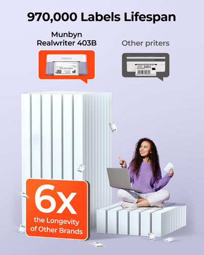 MUNBYN RealWriter 403B thermal label printer printing labels with paper roll, compact design, ideal for shipping and office use