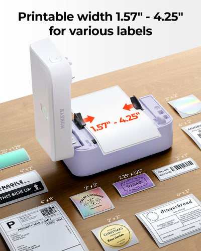 MUNBYN RealWriter 403B thermal label printer with paper roll and control panel on a clean workspace.
