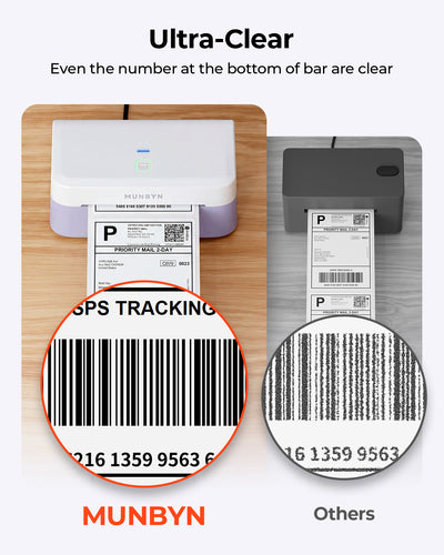 MUNBYN RealWriter 403B thermal label printer printing labels, compact design with thermal printing technology.
