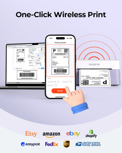 MUNBYN RealWriter 403B thermal label printer with paper roll, compact design, and connected cables.