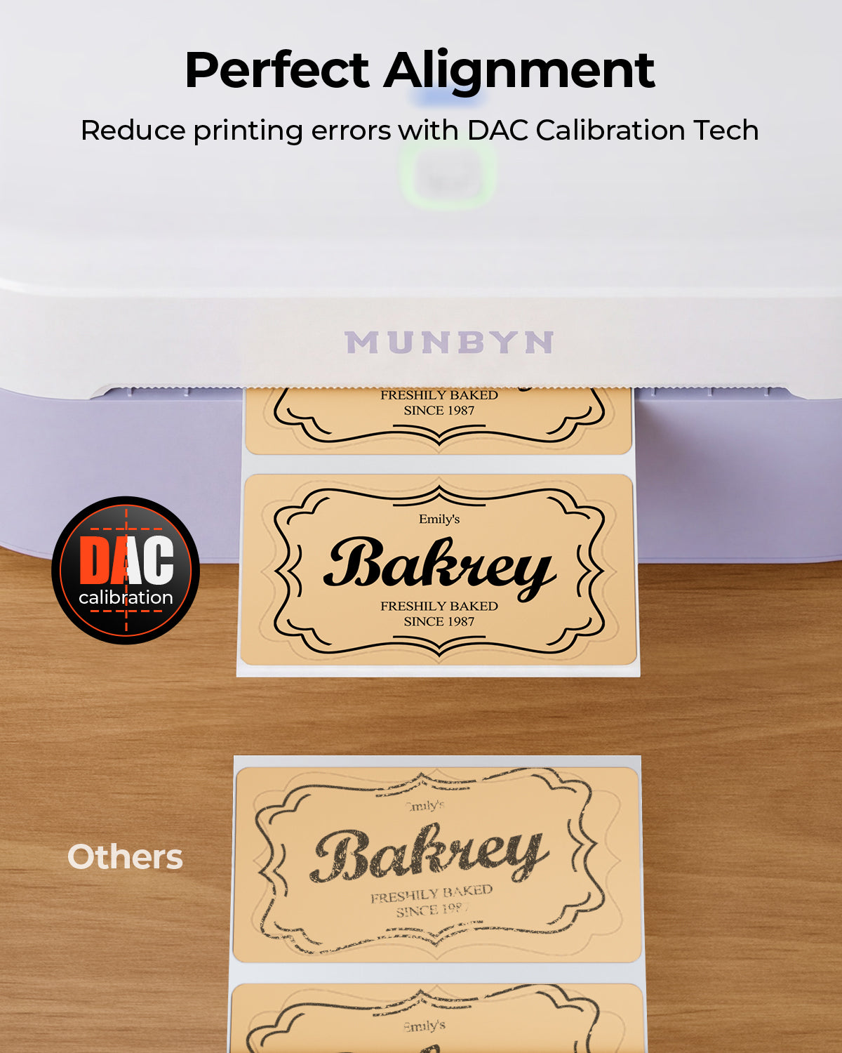 MUNBYN RealWriter 403B thermal label printer with paper roll, compact design, and connected cables for printing labels.