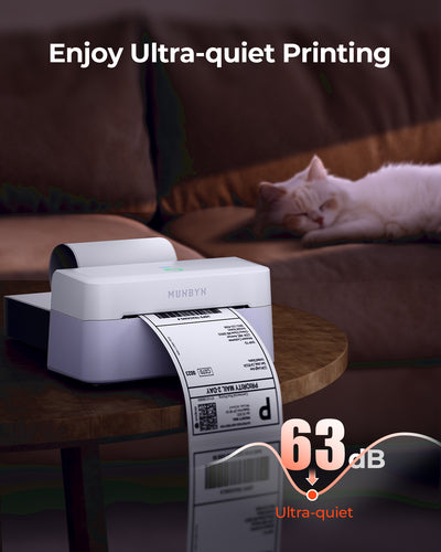 MUNBYN RealWriter 403B thermal label printer printing on a label sheet with connected cables and control buttons.