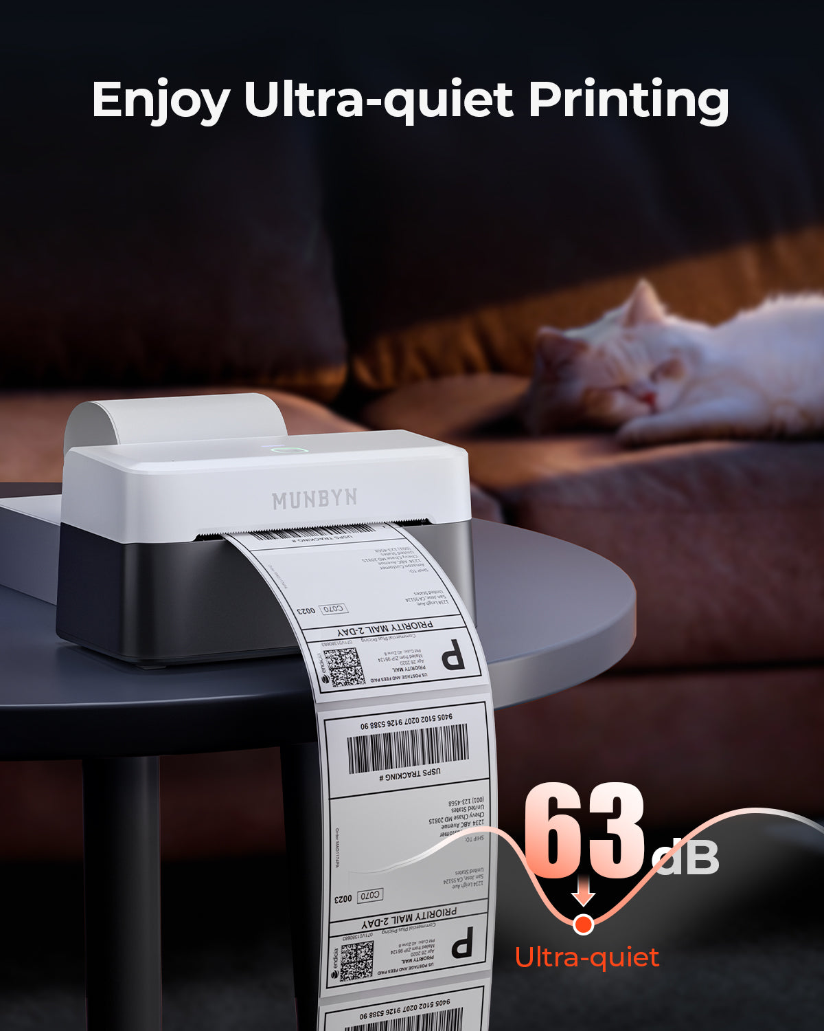 MUNBYN RealWriter 403B thermal label printer designed for ultra-quiet printing