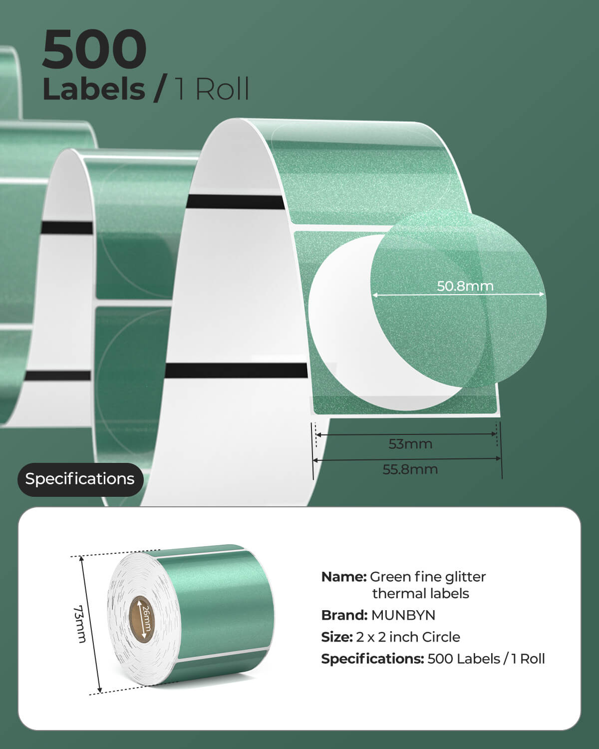 MUNBYN 2" Green Sparkle Circle Thermal Labels