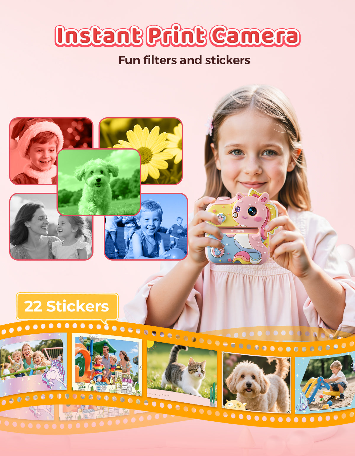 MUNBYN Kids Instant Print Camera 4-Color Thermal Printer