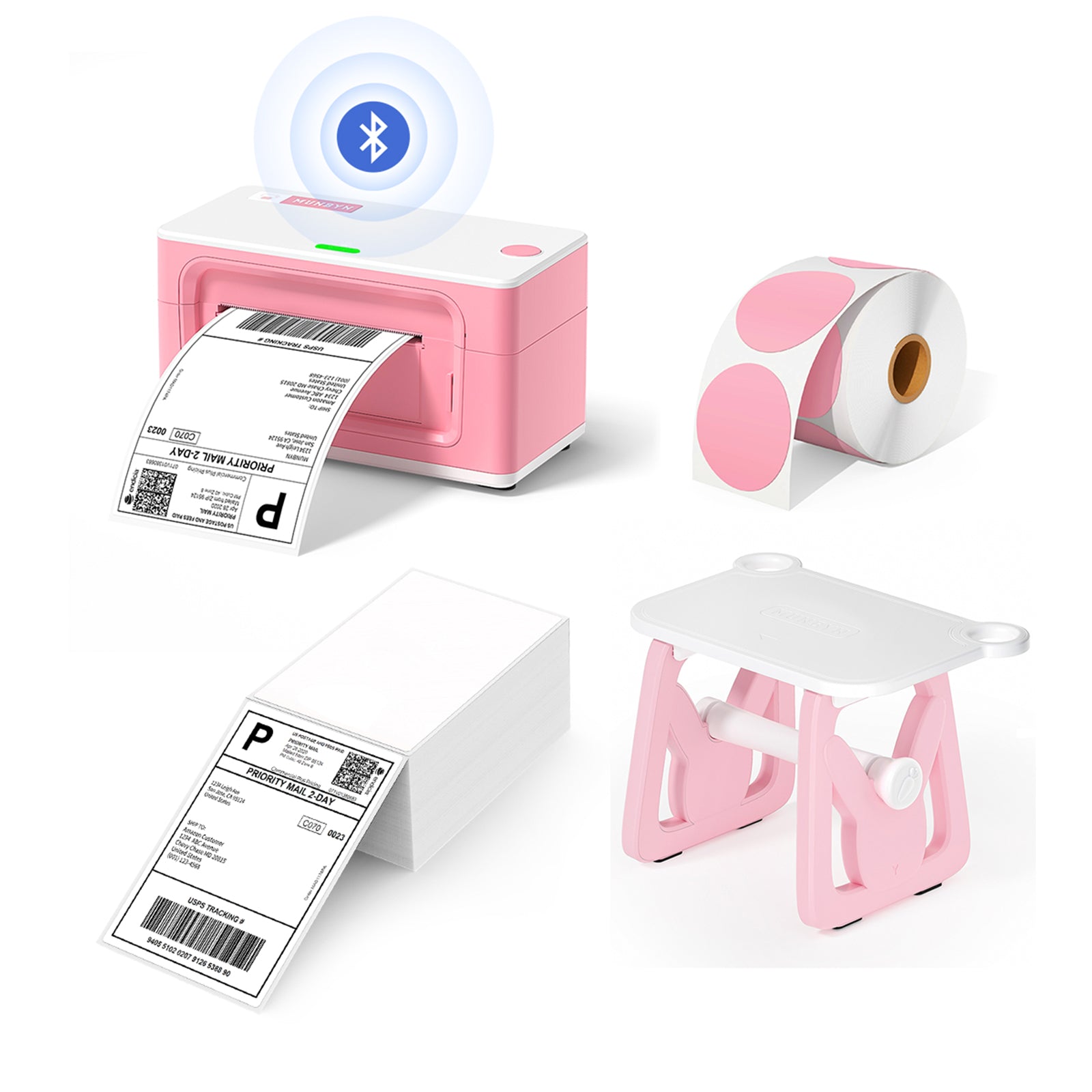 The bundle includes a Bluetooth thermal printer, a multifunctional MUNBYN pink label holder, a stack of shipping labels, and a roll of thermal labels.