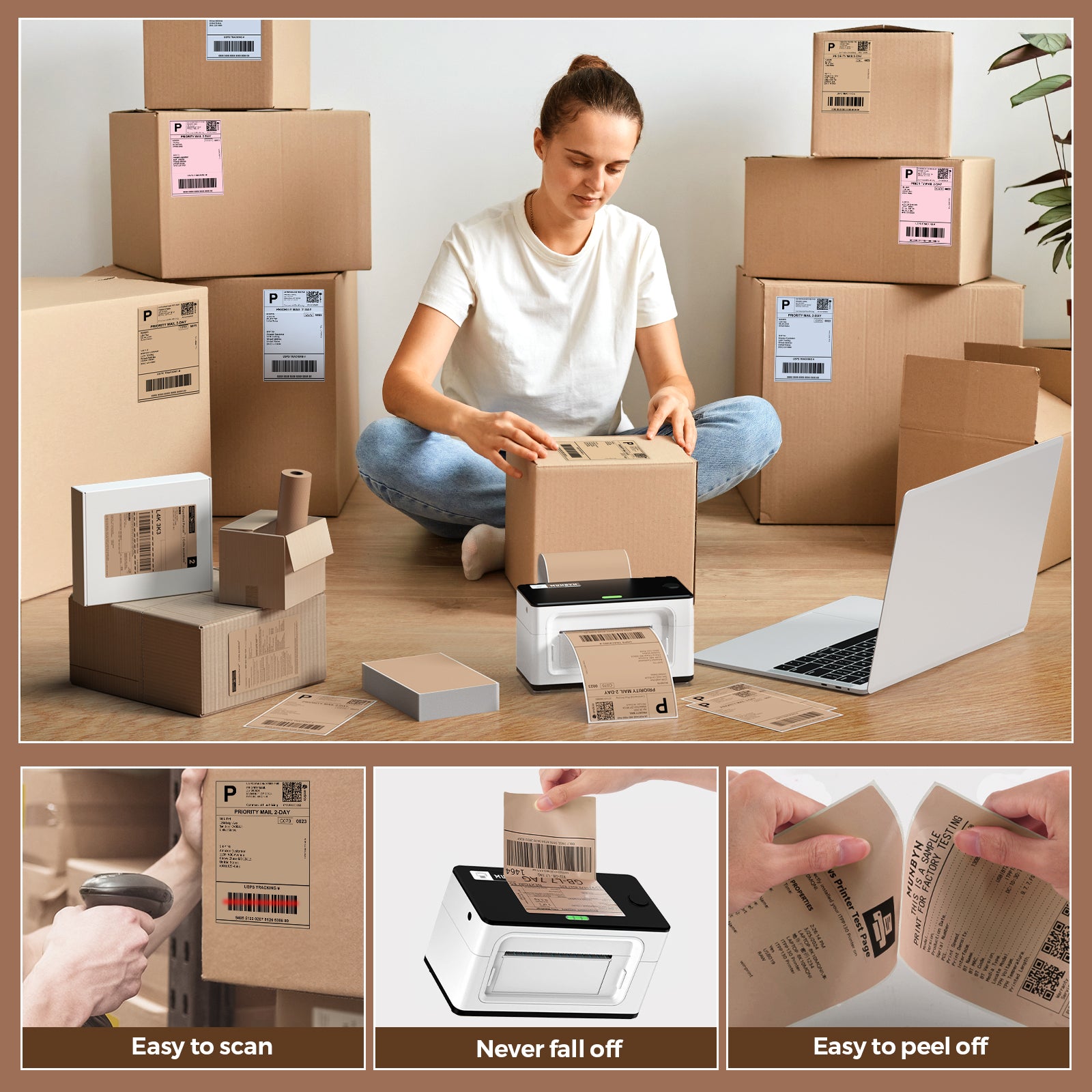MUNBYN 4x6 inch fan-fold labels printed on label printer paper, showing neatly aligned adhesive label sheets for shipping or product labeling.