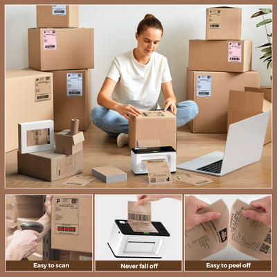 MUNBYN 4x6 inch fan-fold labels printed on label printer paper, showing neatly aligned adhesive label sheets for shipping or product labeling.