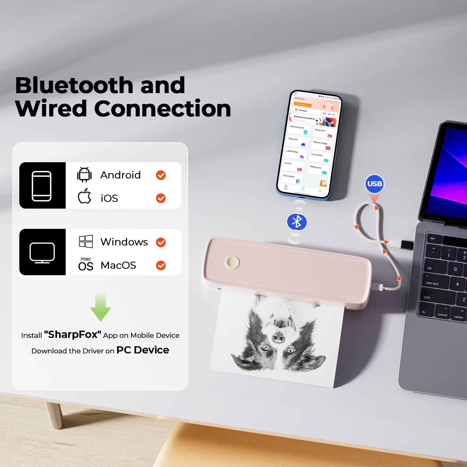 The MUNBYN ITP04 supports printing a wide range of content via Bluetooth connectivity (using the SharpFox app) or a USB cable connection to your computer. 