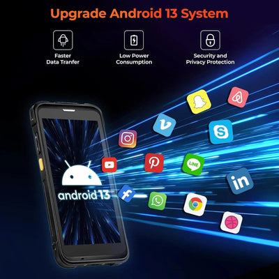 MUNBYN IPDA101P Android barcode scanner with ergonomic handle and scanning window, designed for retail and inventory management.