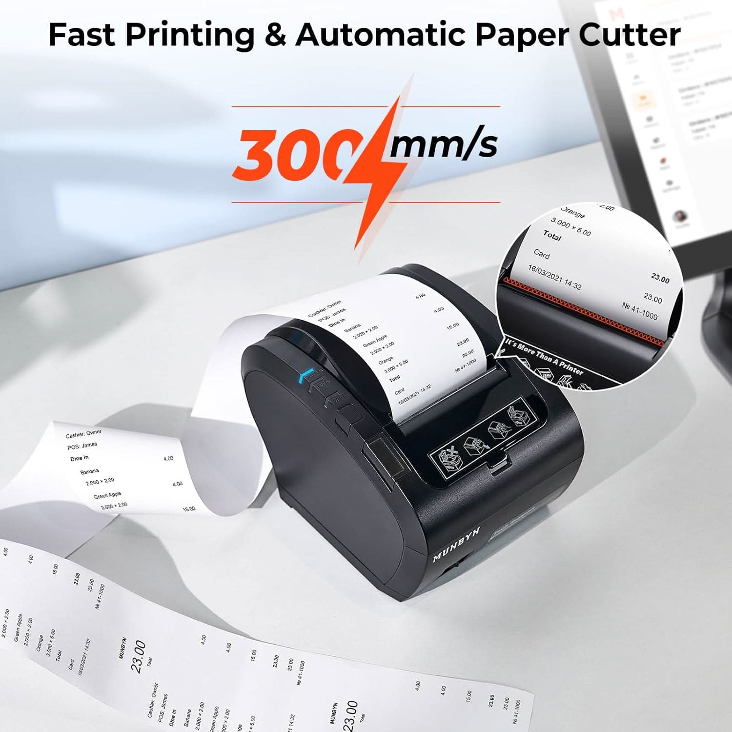 MUNBYN P047 Black Bluetooth Thermal Receipt Printer 80mm POS Printer - MUNBYN