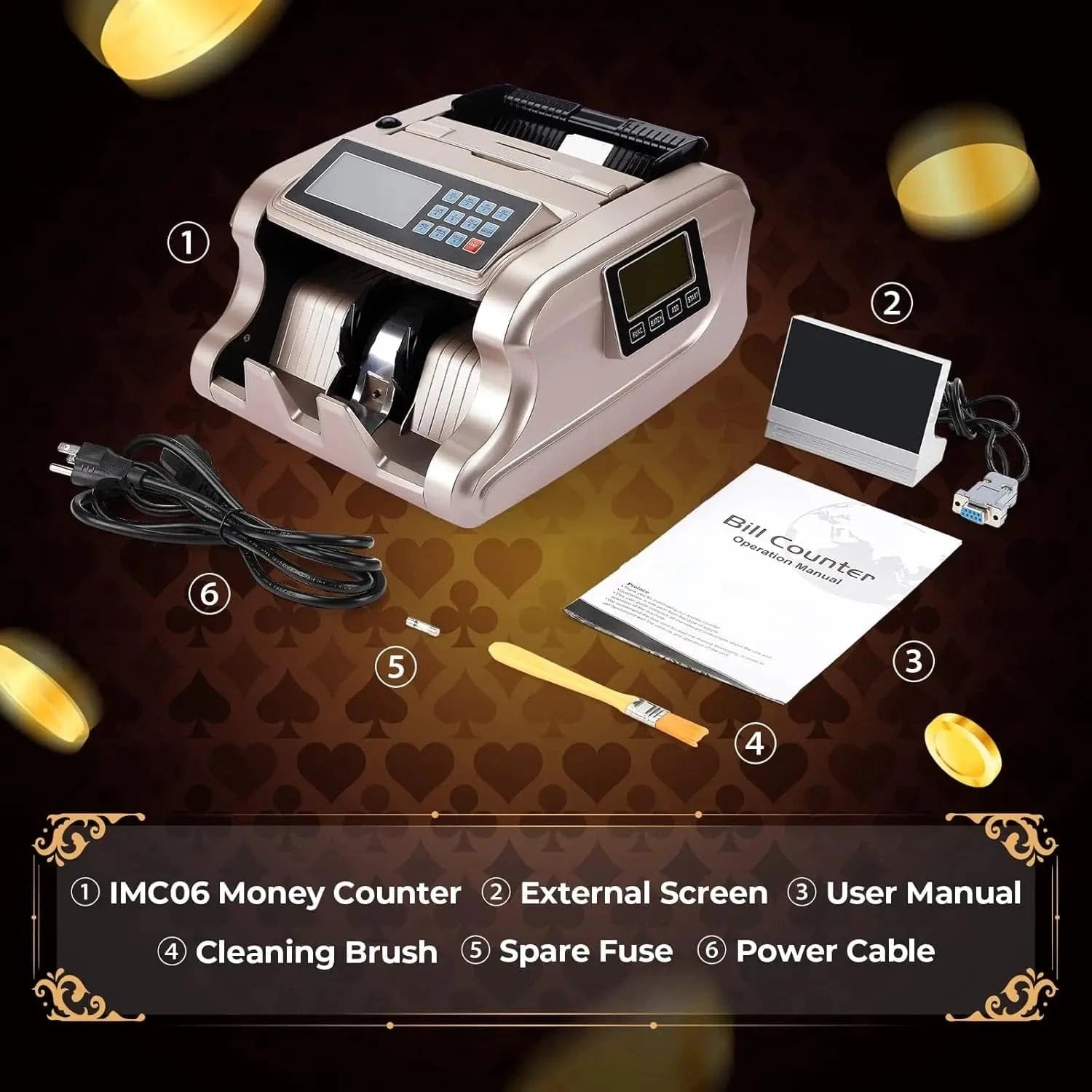 MUNBYN IMC06 Money Counter Machine, Rose Gold Money Counter Has 3 Screens, 5+ Detection UV/MG/IR/DD/MT Count Value of Bills, Add with Batch Mode Cash Counting Machine, 1500 Bills/Min, Luxury Gold