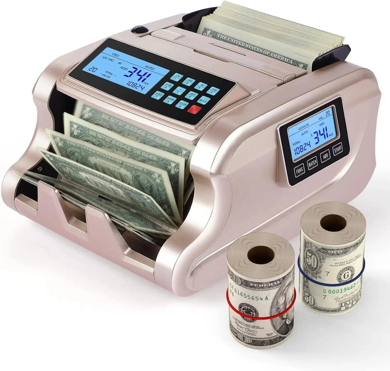 MUNBYN IMC06 Money Counter Machine, Rose Gold Money Counter Has 3 Screens, 5+ Detection UV/MG/IR/DD/MT Count Value of Bills, Add with Batch Mode Cash Counting Machine, 1500 Bills/Min, Luxury Gold