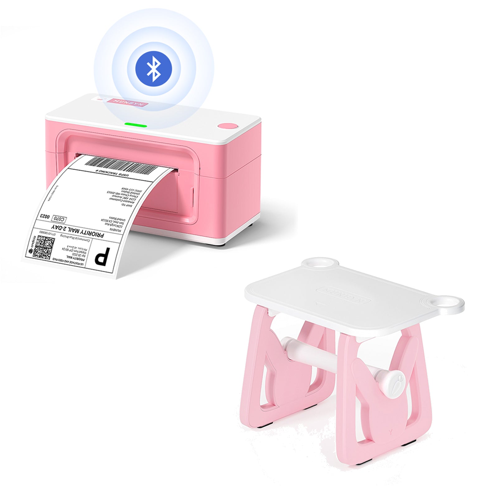 The bundle includes a Bluetooth thermal printer along with a multifunctional MUNBYN pink label holder.