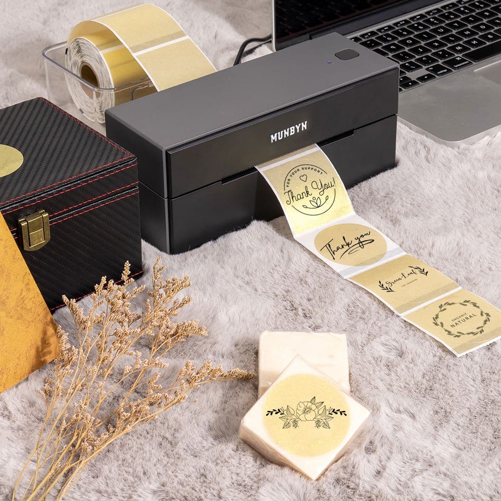 Print personalized gold sparkle stickers and labels using a MUNBYN Bluetooth label printer.