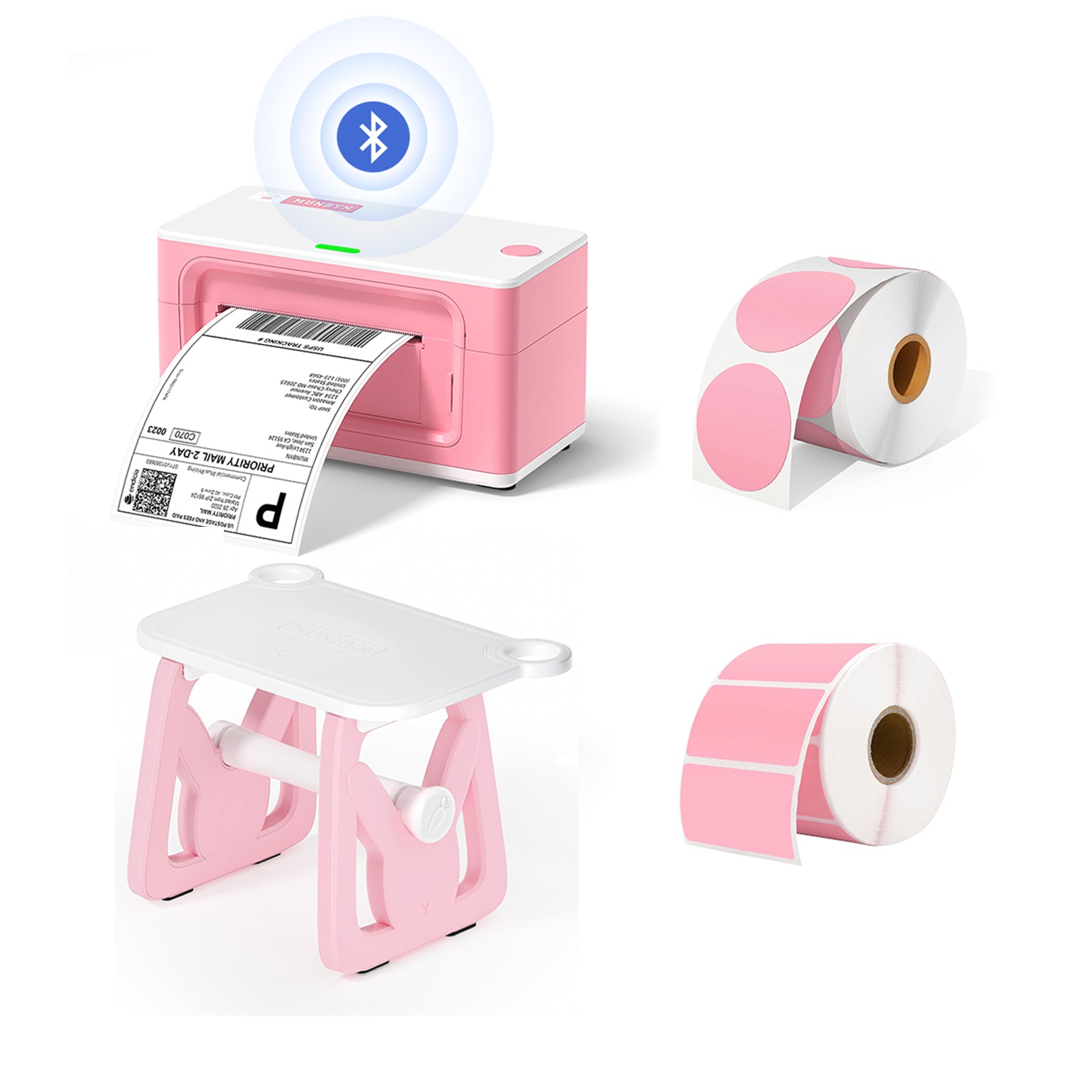 The bundle includes a Bluetooth thermal printer, a multifunctional MUNBYN pink label holder, and two rolls of thermal labels.